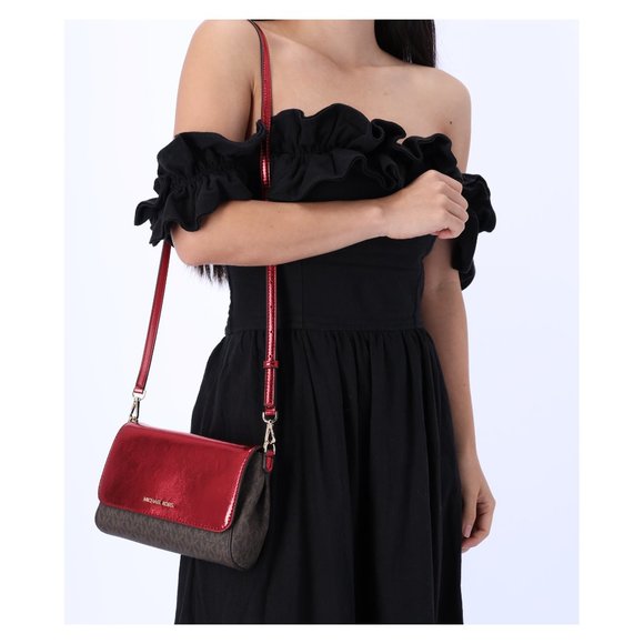 Michael Kors Jet Set Medium Convertible Pouchette Crossbody Brown Red Metallic - Picture 4 of 13